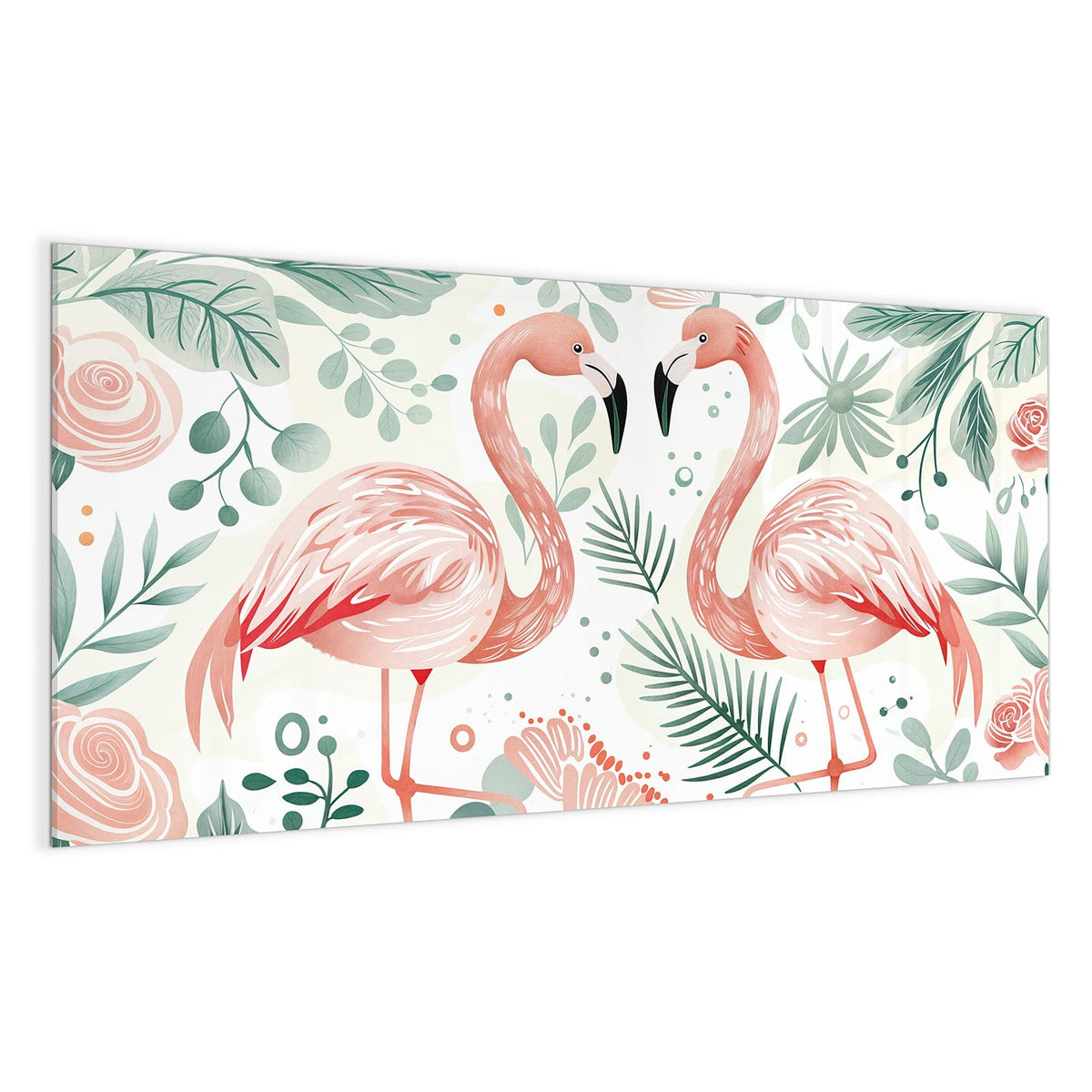 Illustration: zwei rosa Flamingos zwischen pastellgrünen Blättern auf Weiß