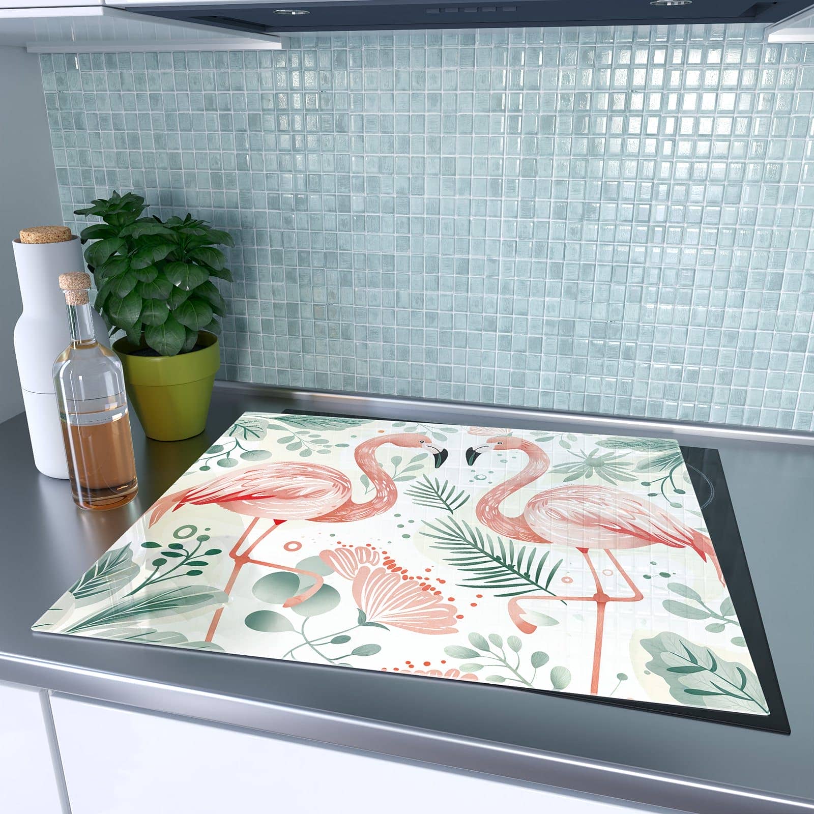 1-teilige Herdabdeckplatte mit Flamingo Blätter-Motiv auf dem Ceranfeld