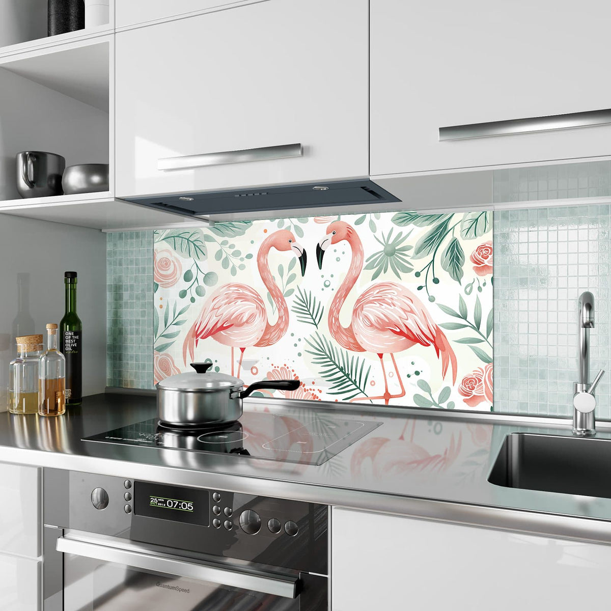 Küchenrückwand aus Glas Flamingos in Pastell im Hochformat als Spritzschutz hinter dem Kochfeld, über dem Fliesenspiegel montiert