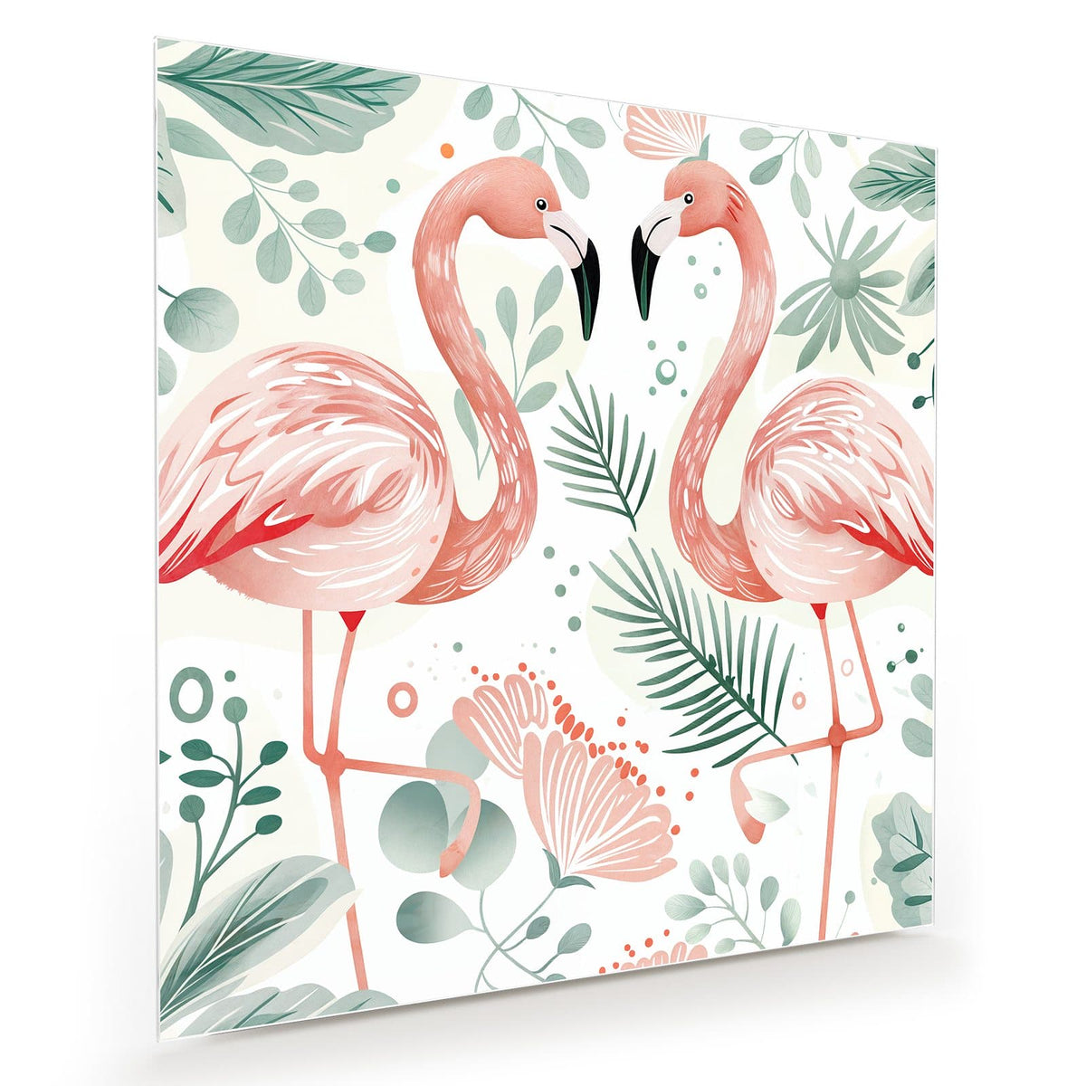 Illustration: zwei rosa Flamingos zwischen pastellgrünen Blättern auf Weiß