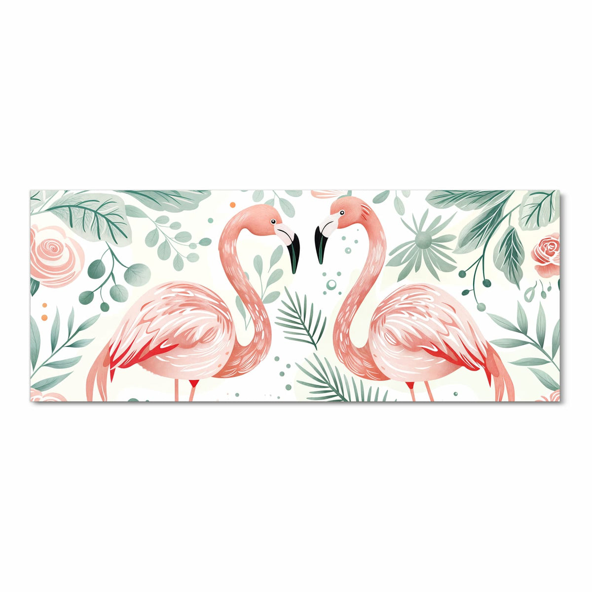Illustration: zwei rosa Flamingos zwischen pastellgrünen Blättern auf Weiß