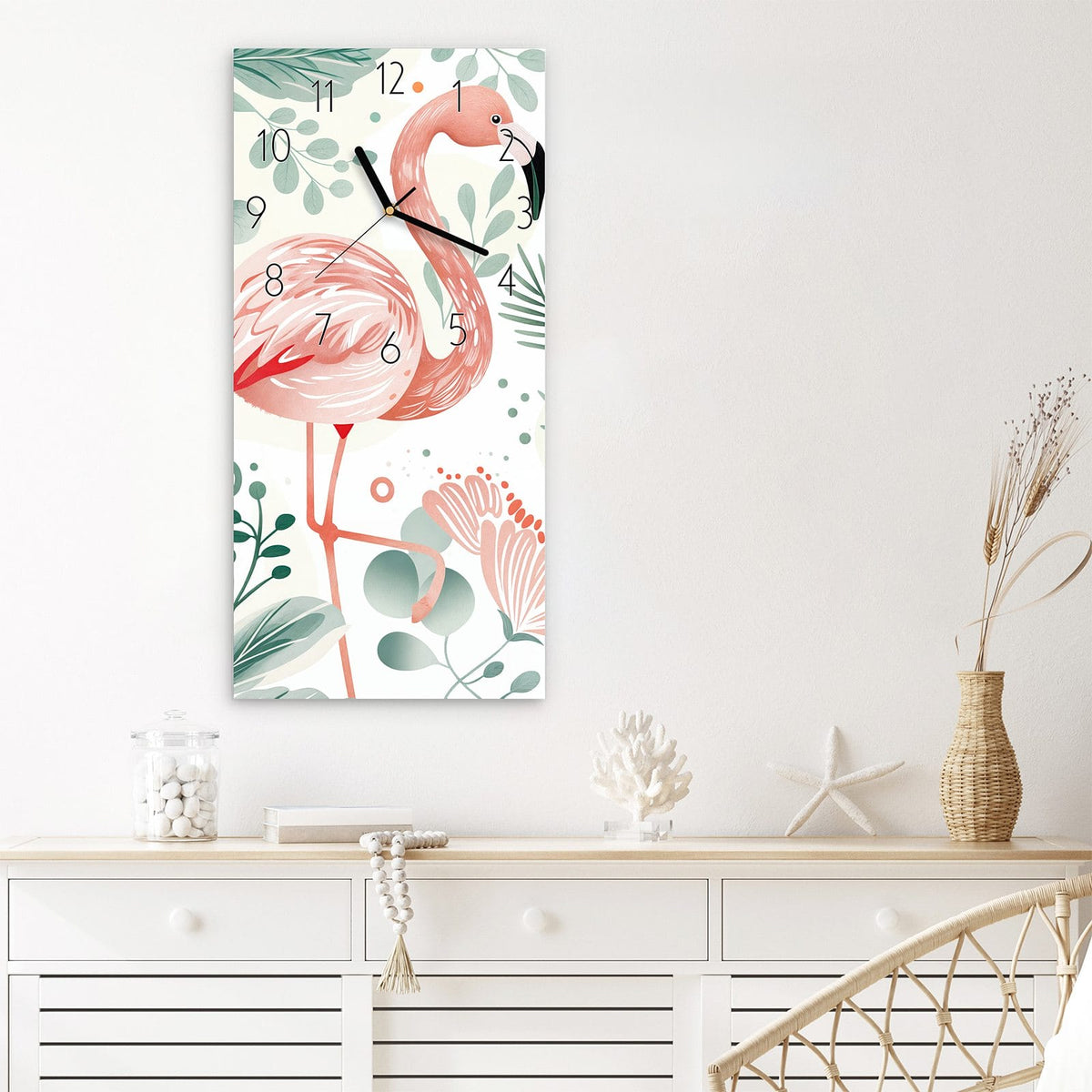 Wanduhr Flamingo Blätter aus Glas – Zwei Flamingos zwischen Palmblättern