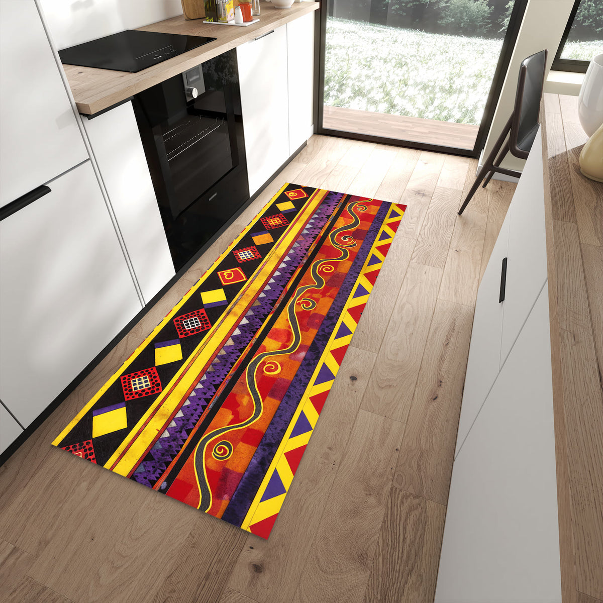 Abriebfester waschbarer Teppich fürs Esszimmer mit Motiv Ethno Muster Schwarz Rot in moderner Küche