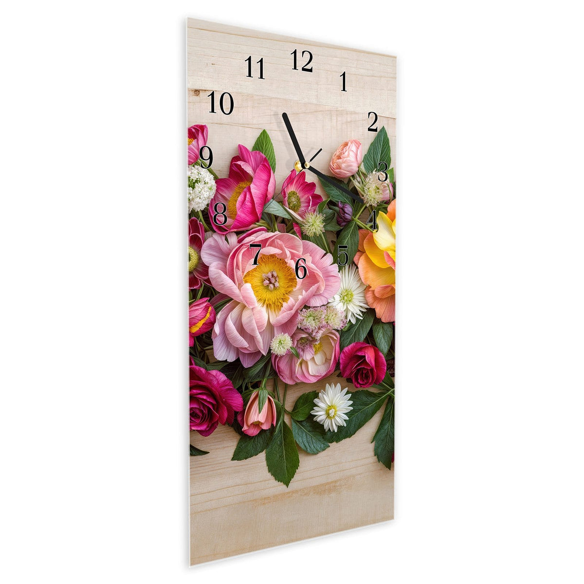 Vormontiert – mit Schwebeeffekt – Wanduhr Blumenbouquet aus Glas – Hochformat 30 × 60 cm