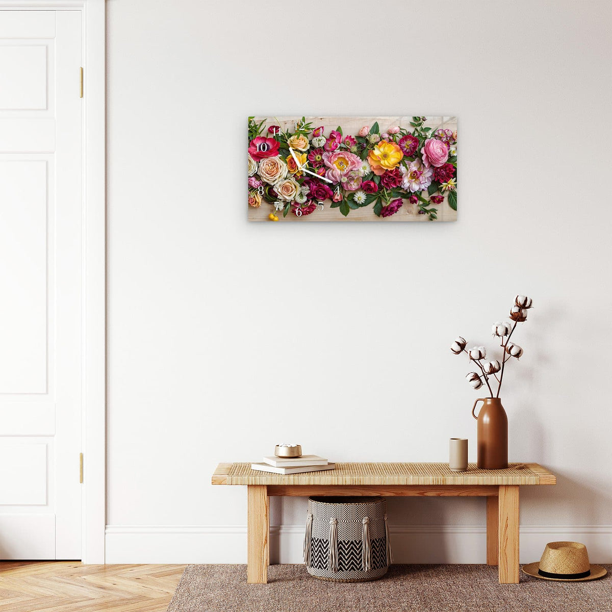 Moderne Wanduhr aus Glas mit Farbtiefe – Wanduhr Blumenbouquet aus Glas – Querformat 60 × 30 cm