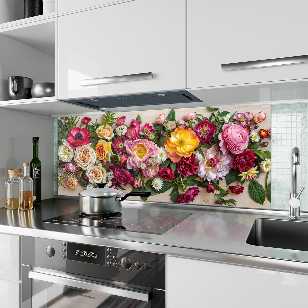 Küchenrückwand aus Glas Blumenband auf Holz im Hochformat als Spritzschutz hinter dem Kochfeld, über dem Fliesenspiegel montiert