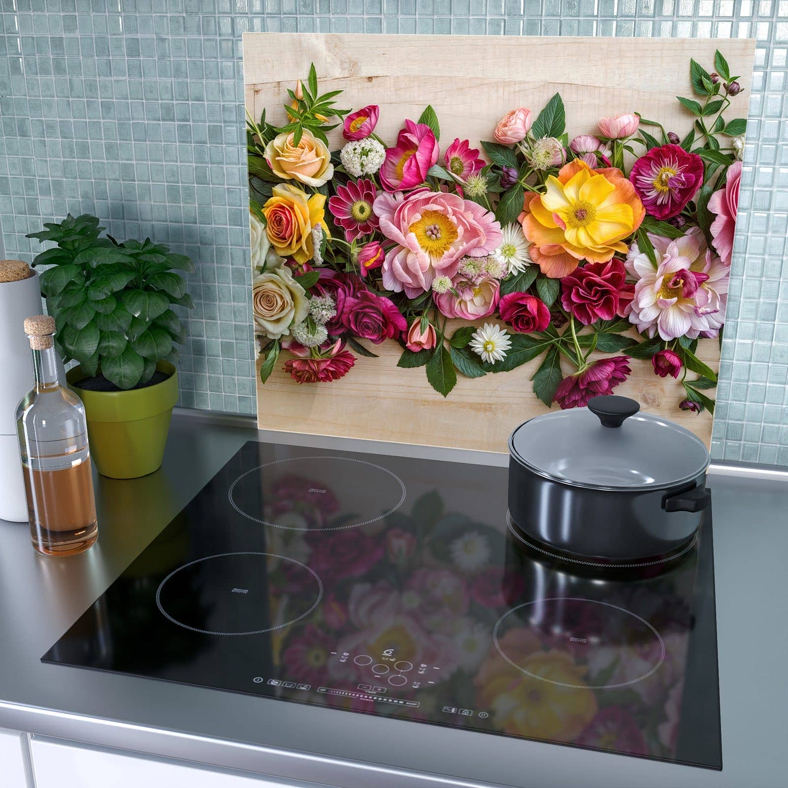 1-teilige Herdabdeckplatten für Ceranfeld mit Blumenbouquet-Motiv als Spritzschutz hinter dem Kochfeld