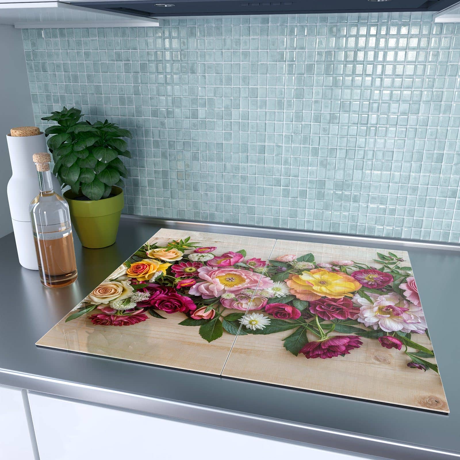 2-teilige Herdabdeckplatten aus Glas mit Blumenbouquet-Motiv auf dem Ceranfeld