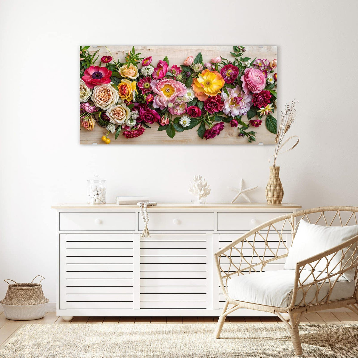 Echtglas, 4 mm – kein Acryl, keine Folie – Wandbild - Blumenband auf Holz - Querformat