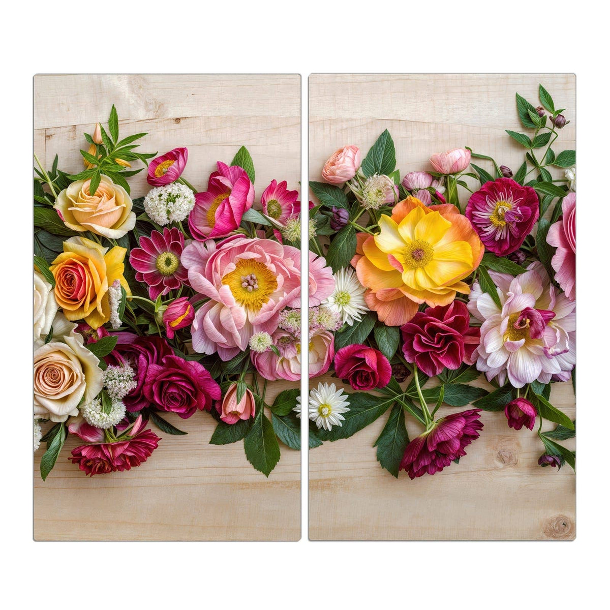 Bunte Rosen, Ranunkeln und Dahlien als breites Band auf hellem Holz ausgelegt, Draufsicht