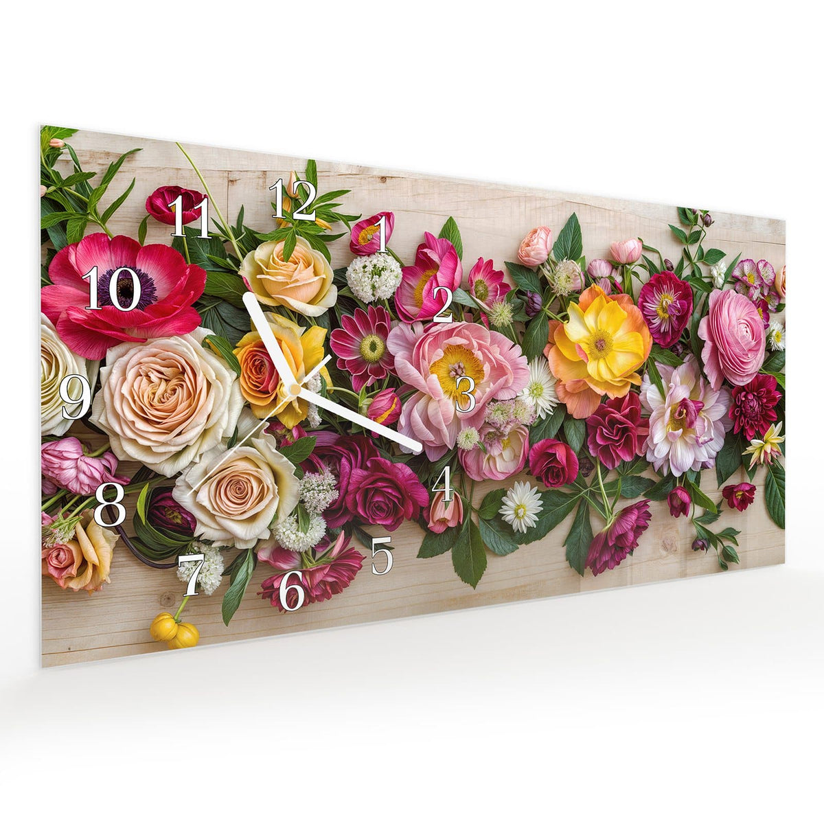 Vormontiert – mit Schwebeeffekt – Wanduhr Blumenbouquet aus Glas – Querformat 60 × 30 cm