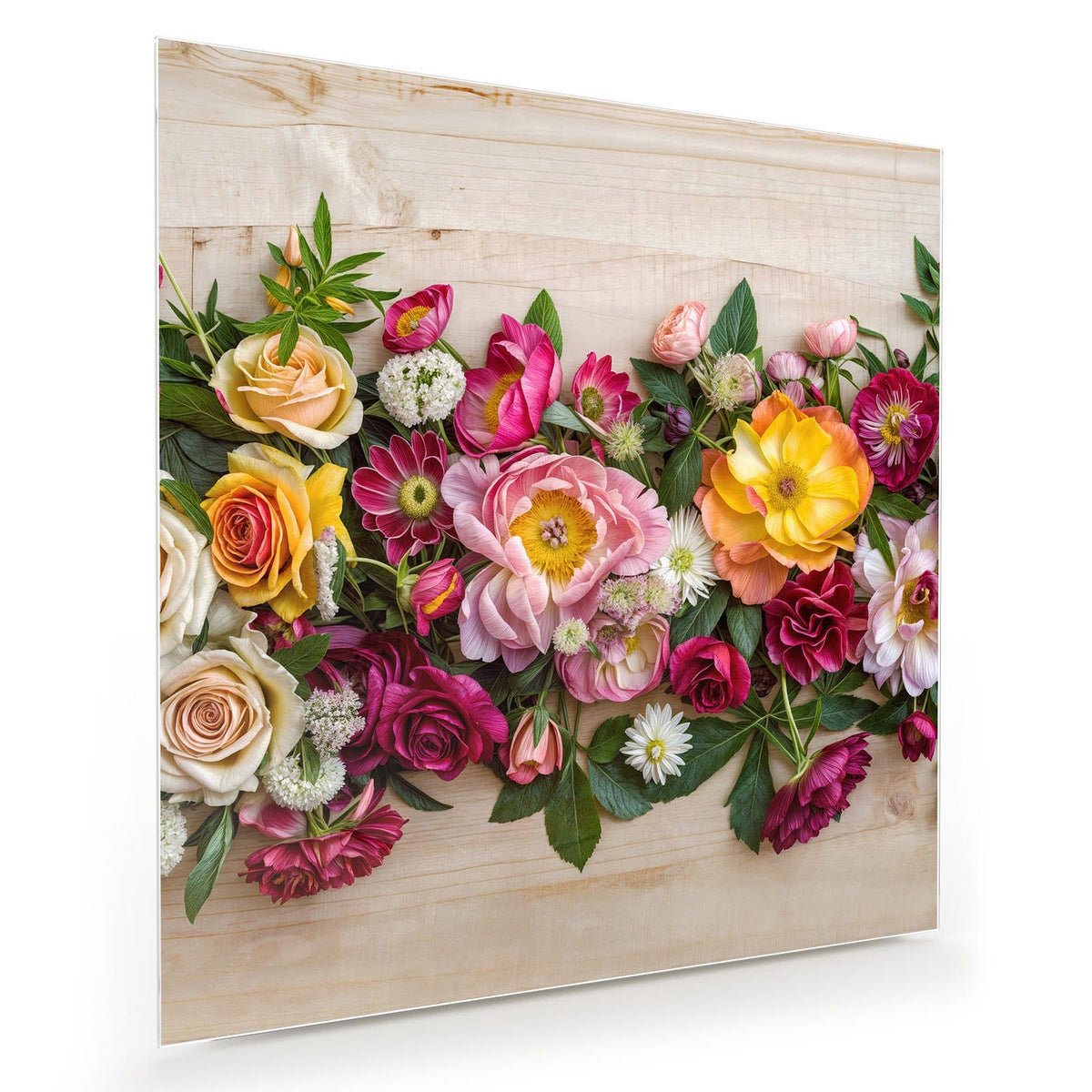 Bunte Rosen, Ranunkeln und Dahlien als breites Band auf hellem Holz ausgelegt, Draufsicht