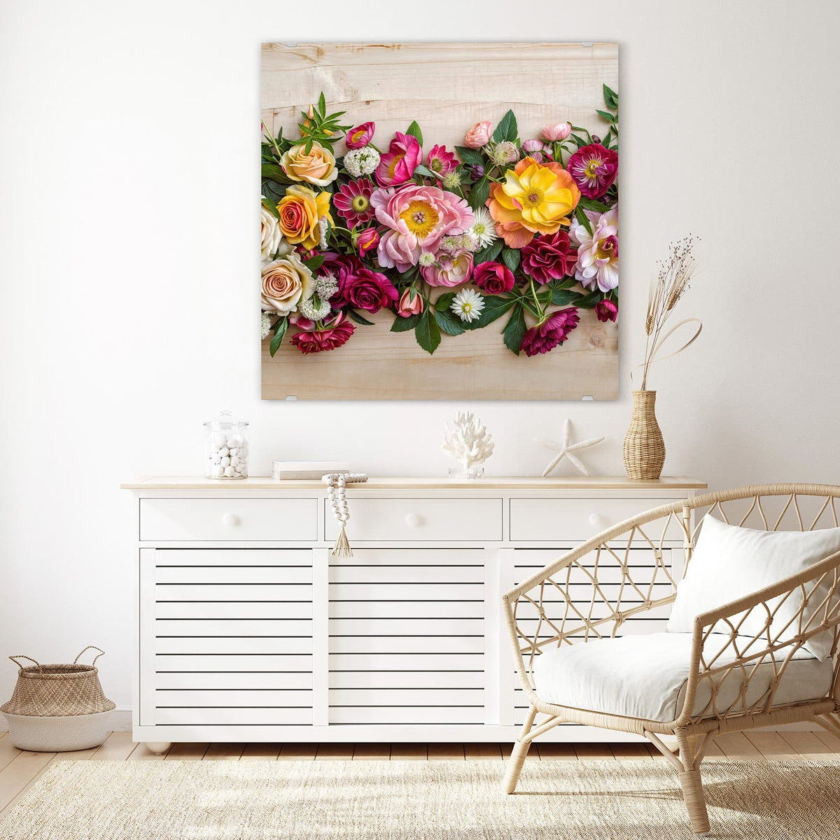 Echtglas, 4 mm – kein Acryl, keine Folie – Wandbild - Blumenband auf Holz - Quadratisch