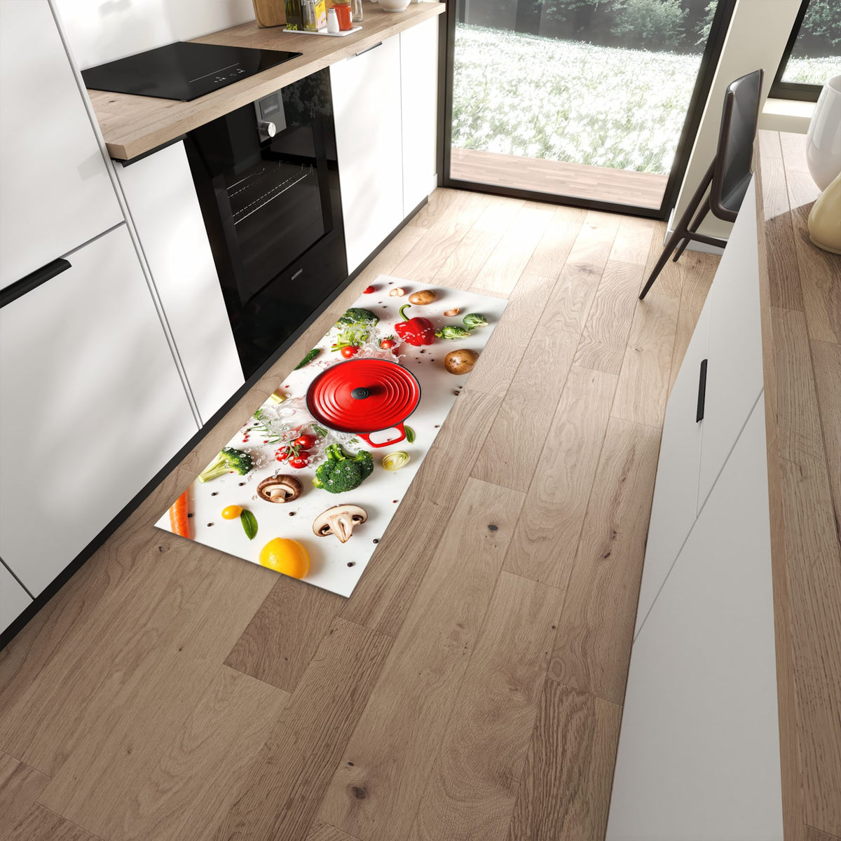 Formstabiler rutschfester Küchenläufer mit Motiv Kochvorbereitung in moderner Küche #grösse_60 x 150 cm
