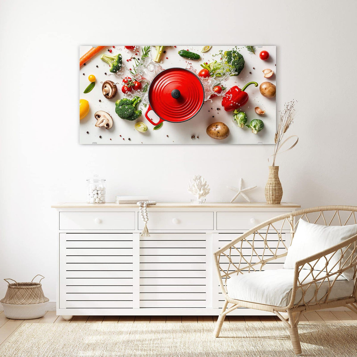 Echtglas, 4 mm – kein Acryl, keine Folie – Wandbild - Roter Topf mit Gemüse - Querformat