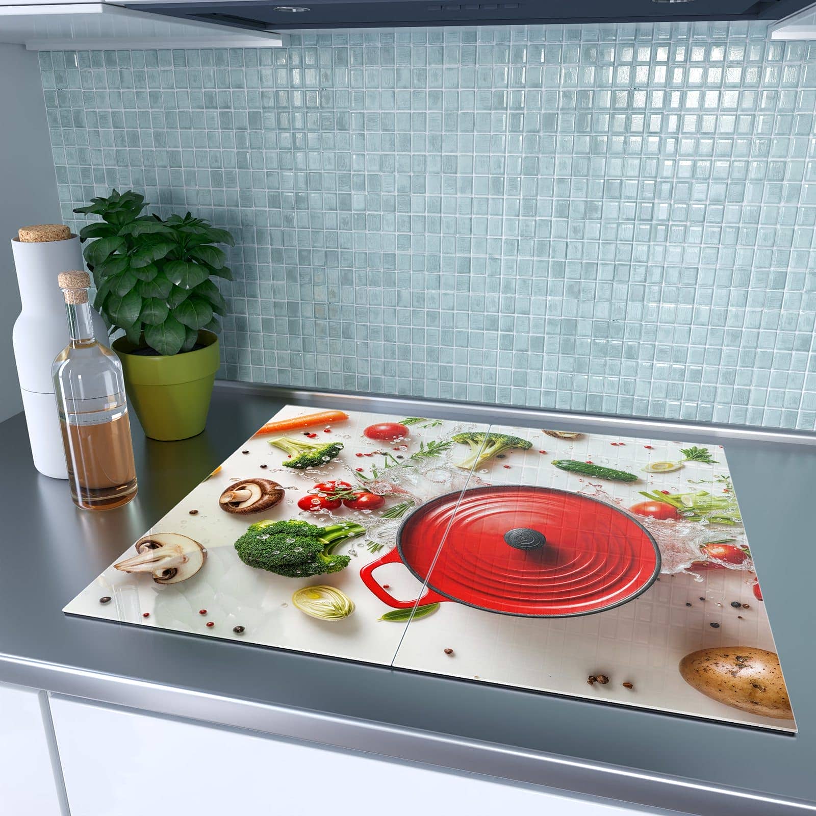 2-teilige Herdabdeckplatten mit Kochvorbereitung-Motiv auf dem Ceranfeld