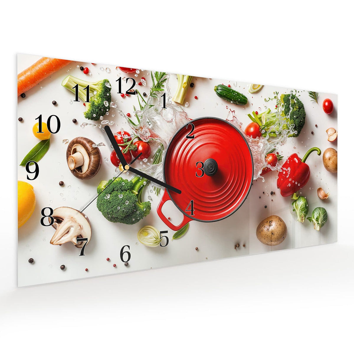 Vormontiert – mit Schwebeeffekt – Wanduhr Kochvorbereitung aus Glas – Querformat 60 × 30 cm