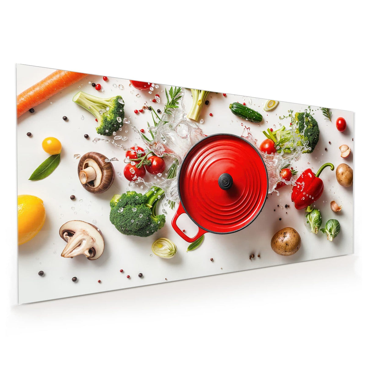 Küchenrückwand aus Glas im Hochformat mit Motiv Roter Topf mit Gemüse: Roter Schmortopf von oben auf Weiß, ringsum Brokkoli, Tomaten, Paprika