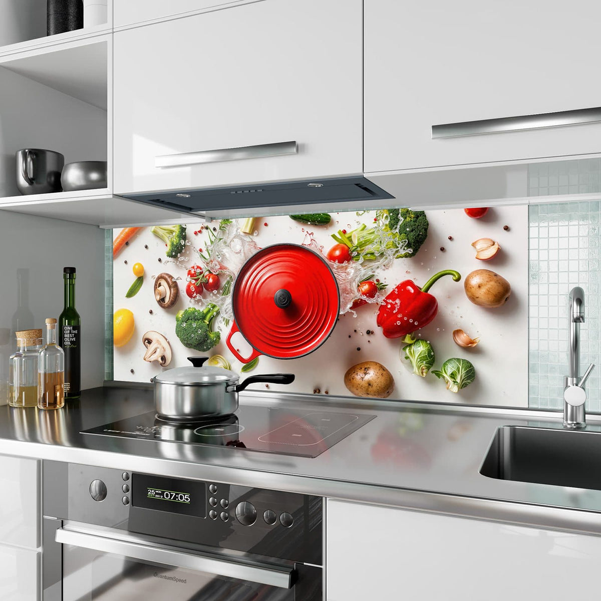 Küchenrückwand aus Glas Roter Topf mit Gemüse im Hochformat als Spritzschutz hinter dem Kochfeld, über dem Fliesenspiegel montiert