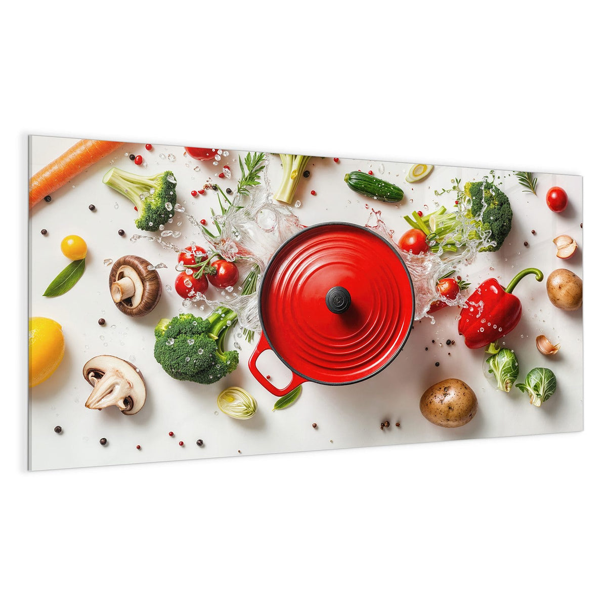 Roter Schmortopf von oben auf Weiß, ringsum Brokkoli, Tomaten, Paprika, Kartoffel und Wasserspritzer.