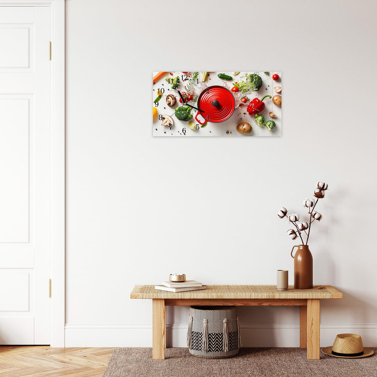 Moderne Wanduhr aus Glas mit Farbtiefe – Wanduhr Kochvorbereitung aus Glas – Querformat 60 × 30 cm