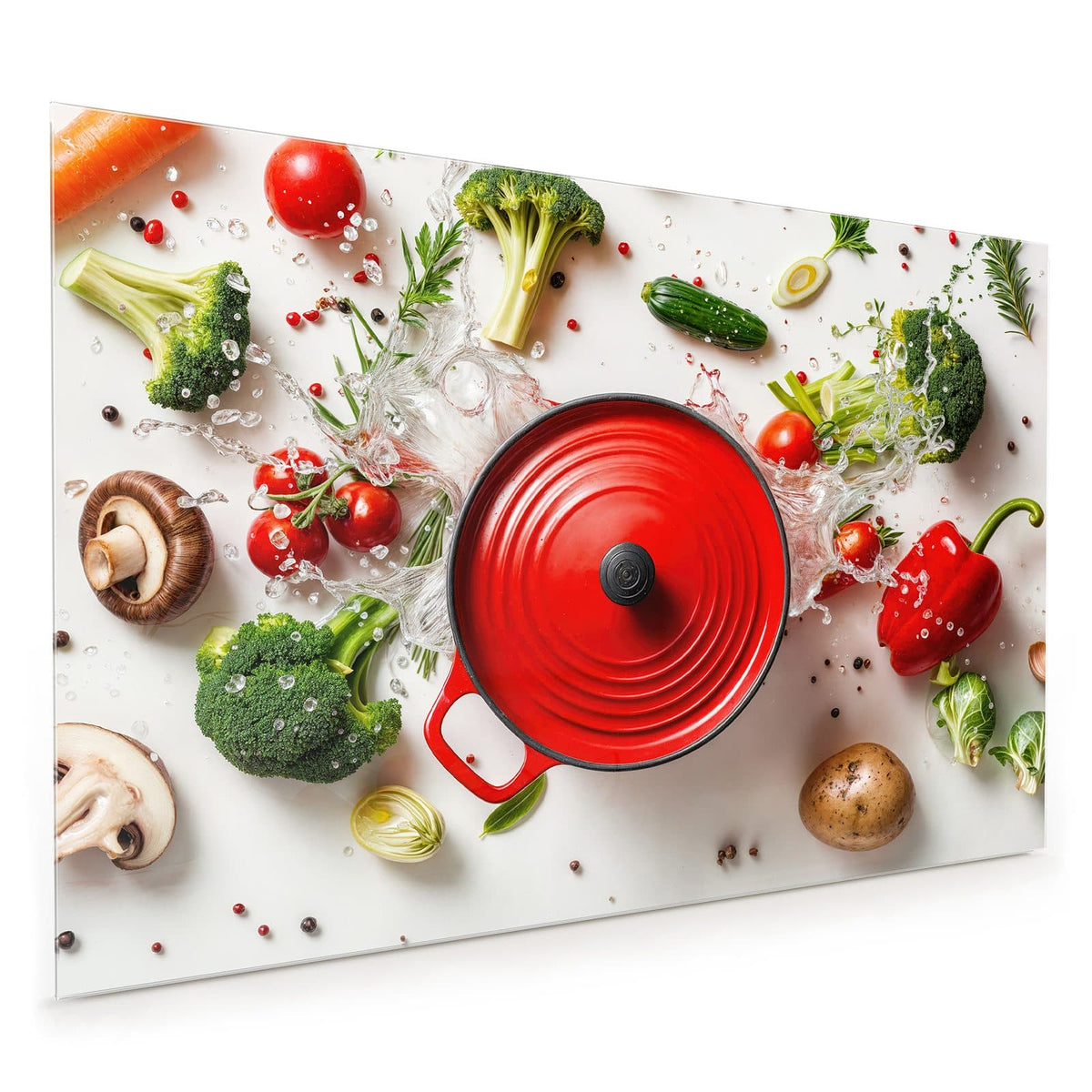 Küchenrückwand aus Glas im Hochformat mit Motiv Roter Topf mit Gemüse: Roter Schmortopf von oben auf Weiß, ringsum Brokkoli, Tomaten, Paprika