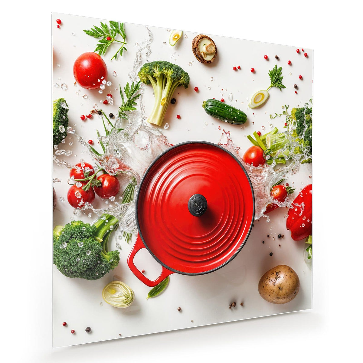 Roter Schmortopf von oben auf Weiß, ringsum Brokkoli, Tomaten, Paprika, Kartoffel und Wasserspritzer.