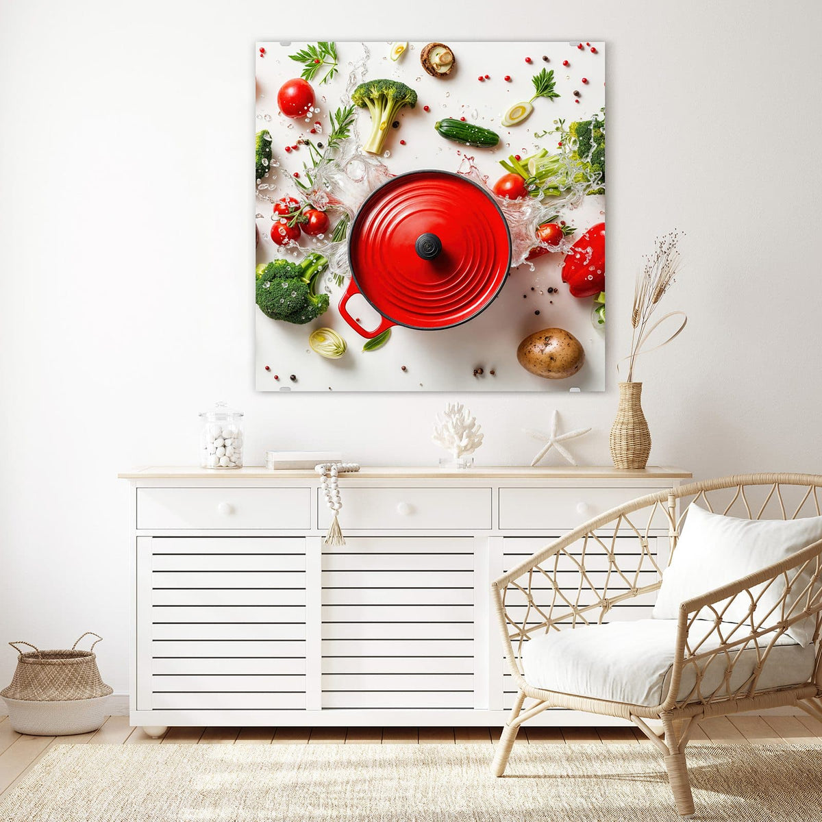 Echtglas, 4 mm – kein Acryl, keine Folie – Wandbild - Roter Topf mit Gemüse - Quadratisch