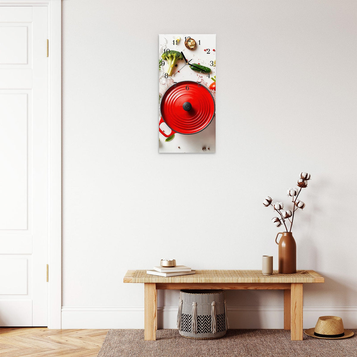 Moderne Wanduhr aus Glas mit Farbtiefe – Wanduhr Kochvorbereitung aus Glas – Hochformat 30 × 60 cm