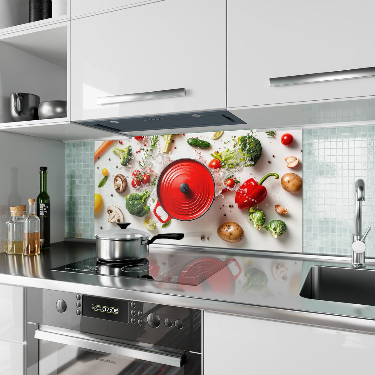 Küchenrückwand aus Glas Roter Topf mit Gemüse im Hochformat als Spritzschutz hinter dem Kochfeld, über dem Fliesenspiegel montiert