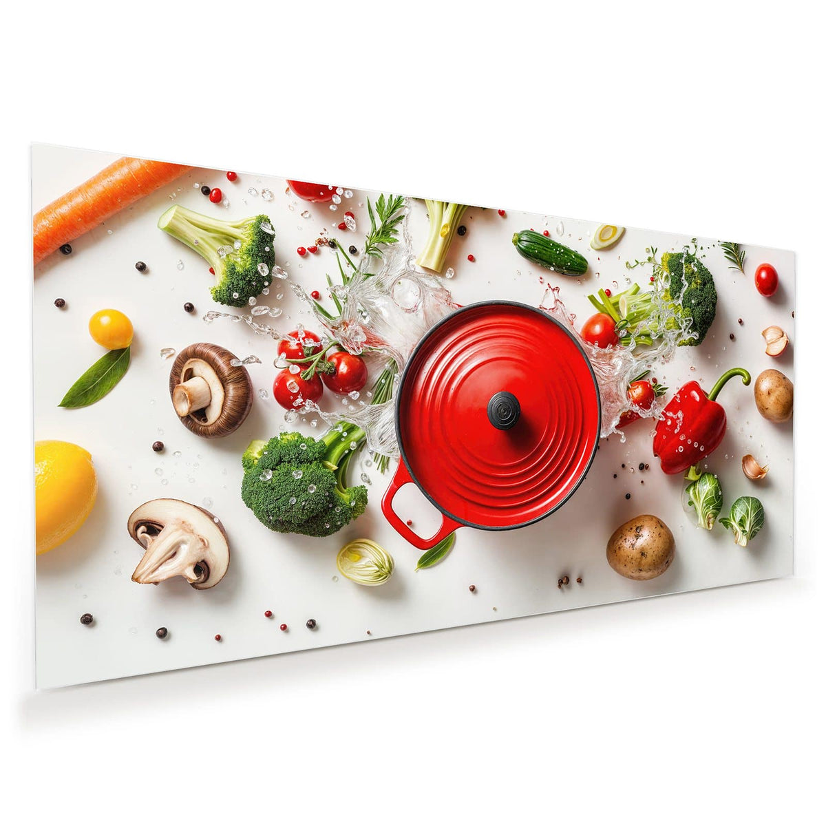 Roter Schmortopf von oben auf Weiß, ringsum Brokkoli, Tomaten, Paprika, Kartoffel und Wasserspritzer.