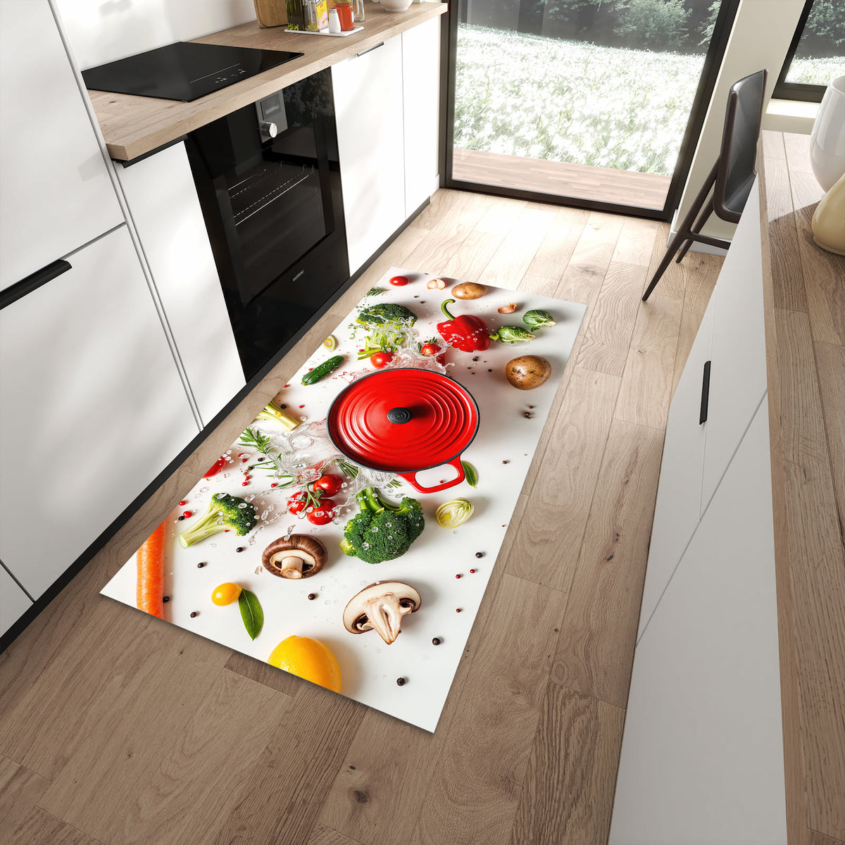 Geruchsneutraler Küchenteppich mit Motiv Kochvorbereitung in moderner Küche