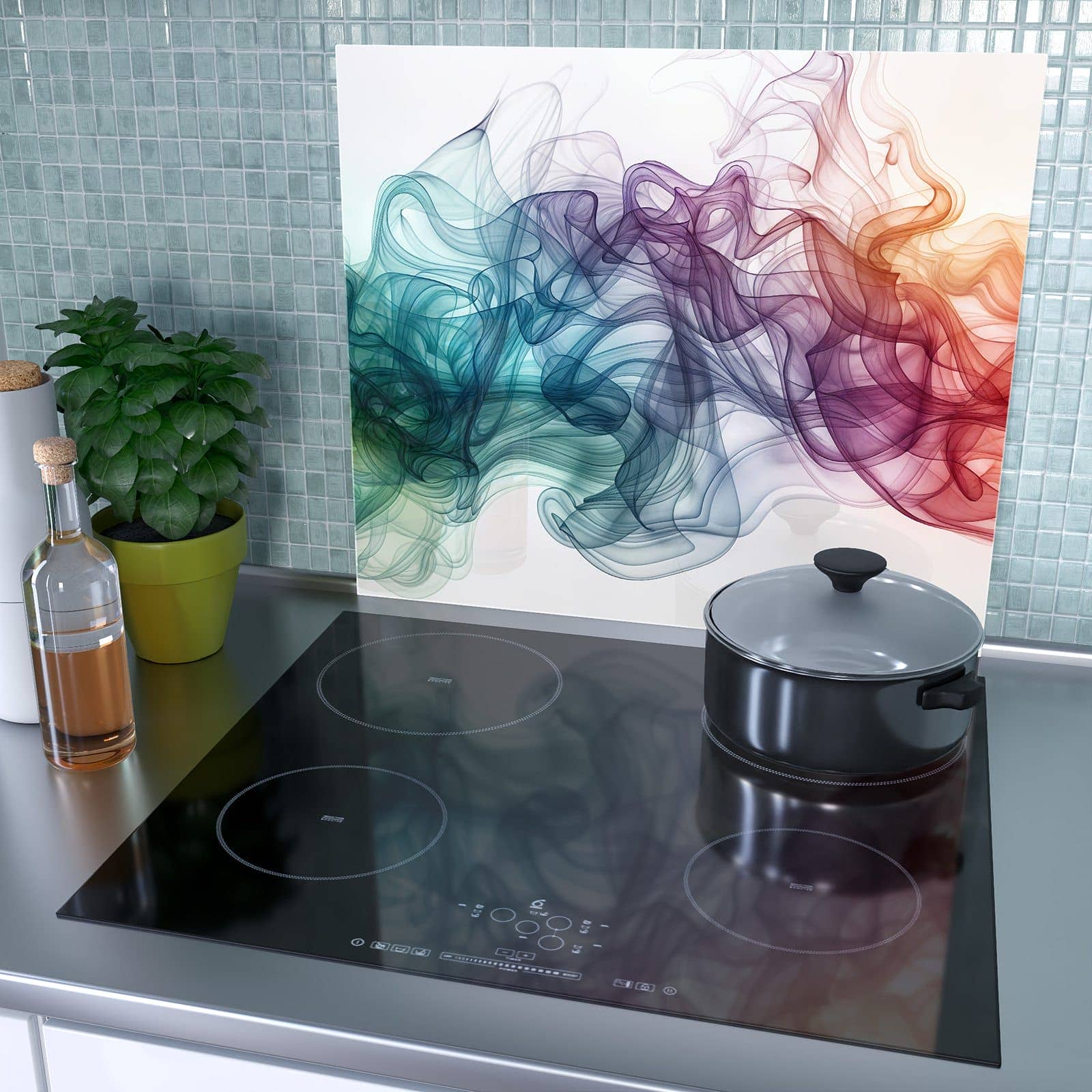 1-teilige Abdeckplatte für Induktionsherd mit Bunte Wirbel-Motiv als Spritzschutz hinter dem Kochfeld