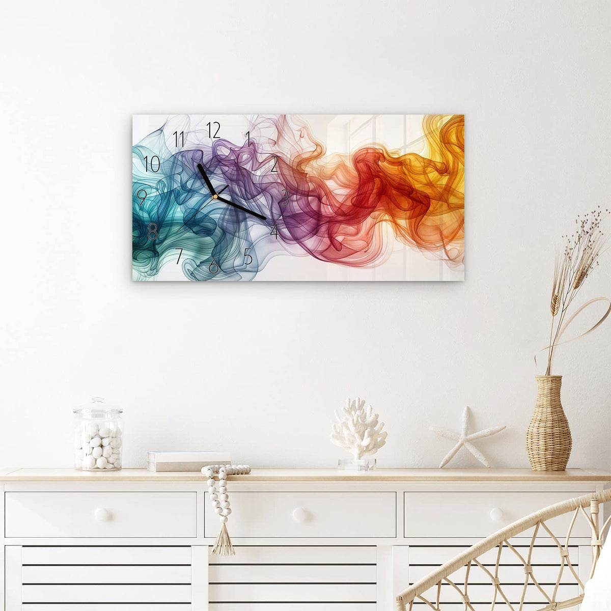Wanduhr Bunte Wirbel aus Glas – Querformat 60 × 30 cm – Bunte Farbwirbel auf Weiß