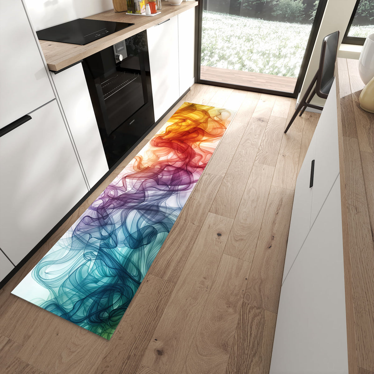 Küchenteppich mit Motiv Bunte Wirbel für angenehmes Stehen in moderner Küche