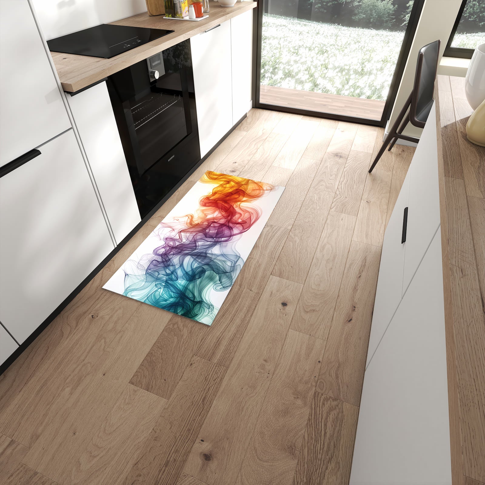 Komfortabler rutschfester Küchenteppich mit Motiv Bunte Wirbel in moderner Küche #grösse_60 x 120 cm