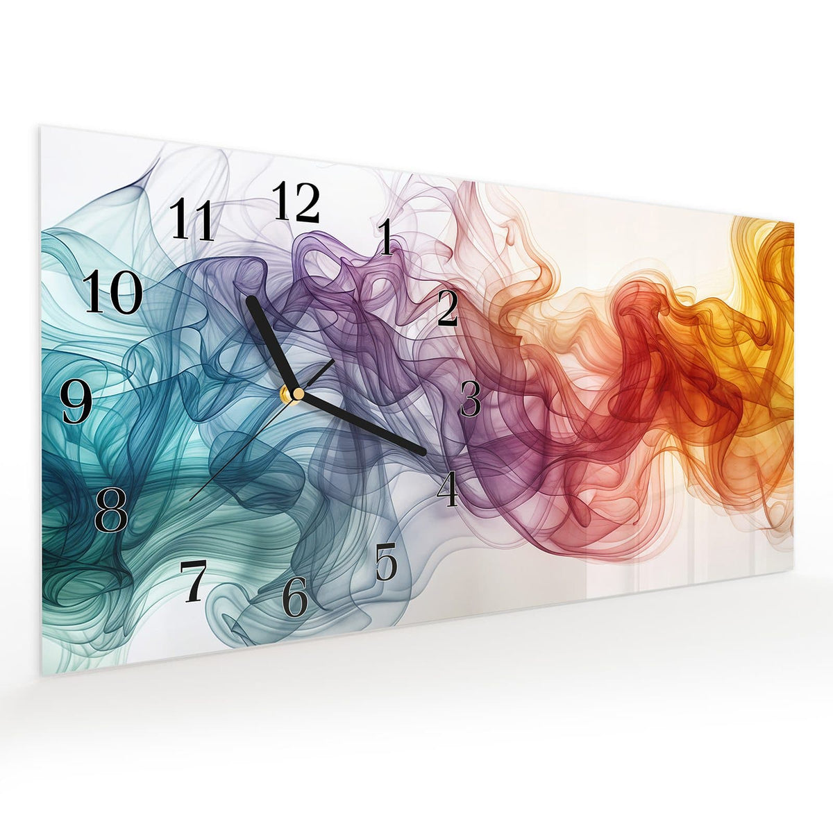 Vormontiert – mit Schwebeeffekt – Wanduhr Bunte Wirbel aus Glas – Querformat 60 × 30 cm