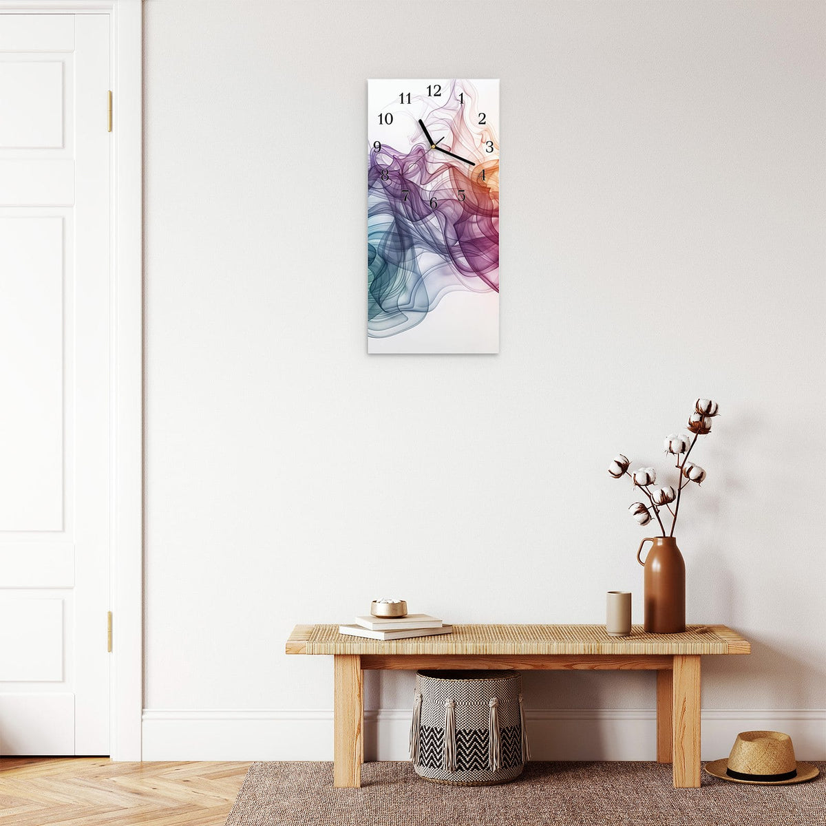 Moderne Wanduhr aus Glas mit Farbtiefe – Wanduhr Bunte Wirbel aus Glas – Hochformat 30 × 60 cm