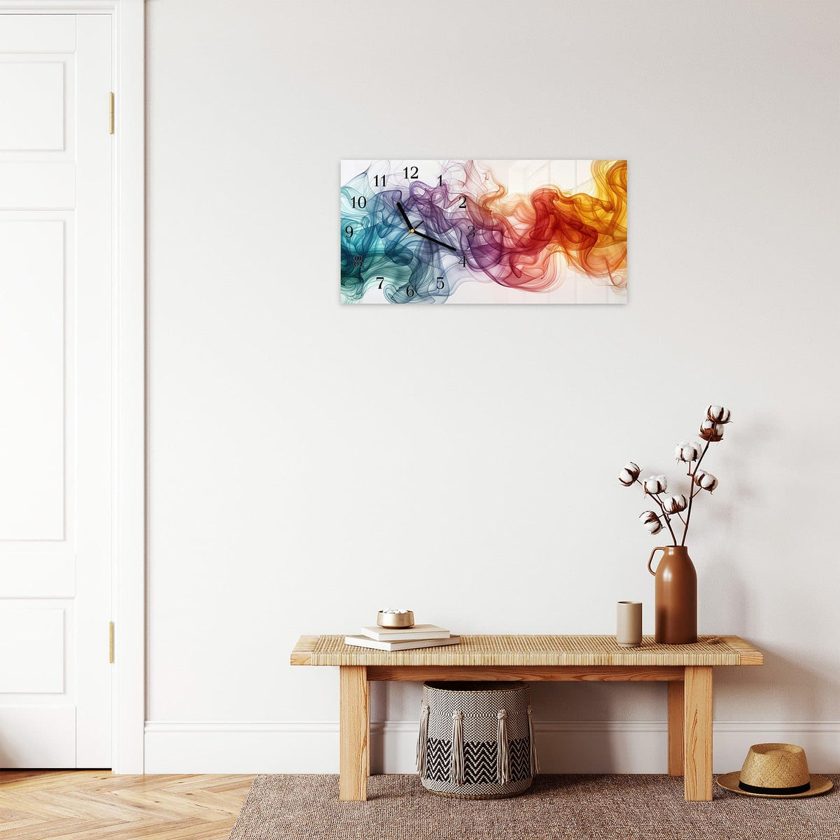 Moderne Wanduhr aus Glas mit Farbtiefe – Wanduhr Bunte Wirbel aus Glas – Querformat 60 × 30 cm