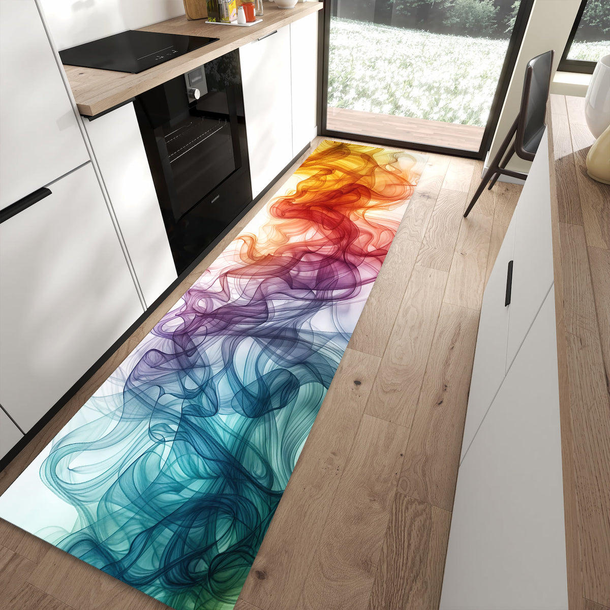 Rutschfester Küchenläufer mit Motiv Bunte Wirbel schützt Böden in moderner Küche