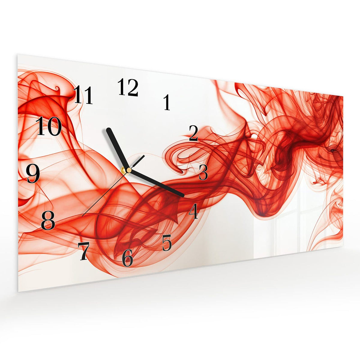 Vormontiert – mit Schwebeeffekt – Wanduhr Abstrakter Rauch aus Glas – Querformat 60 × 30 cm