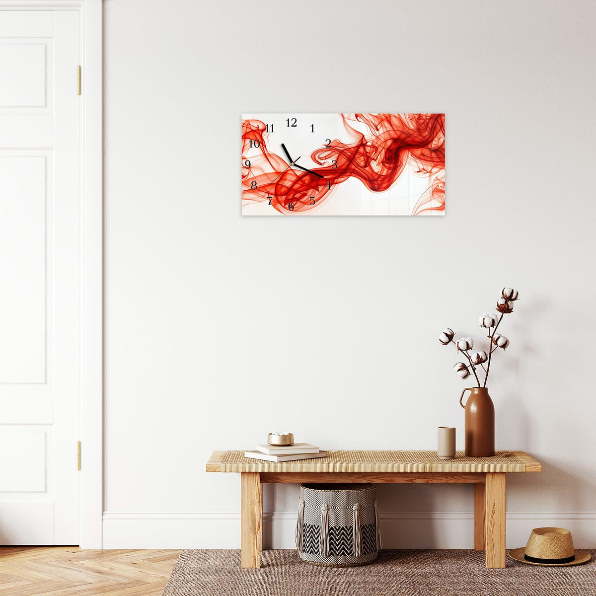 Moderne Wanduhr aus Glas mit Farbtiefe – Wanduhr Abstrakter Rauch aus Glas – Querformat 60 × 30 cm