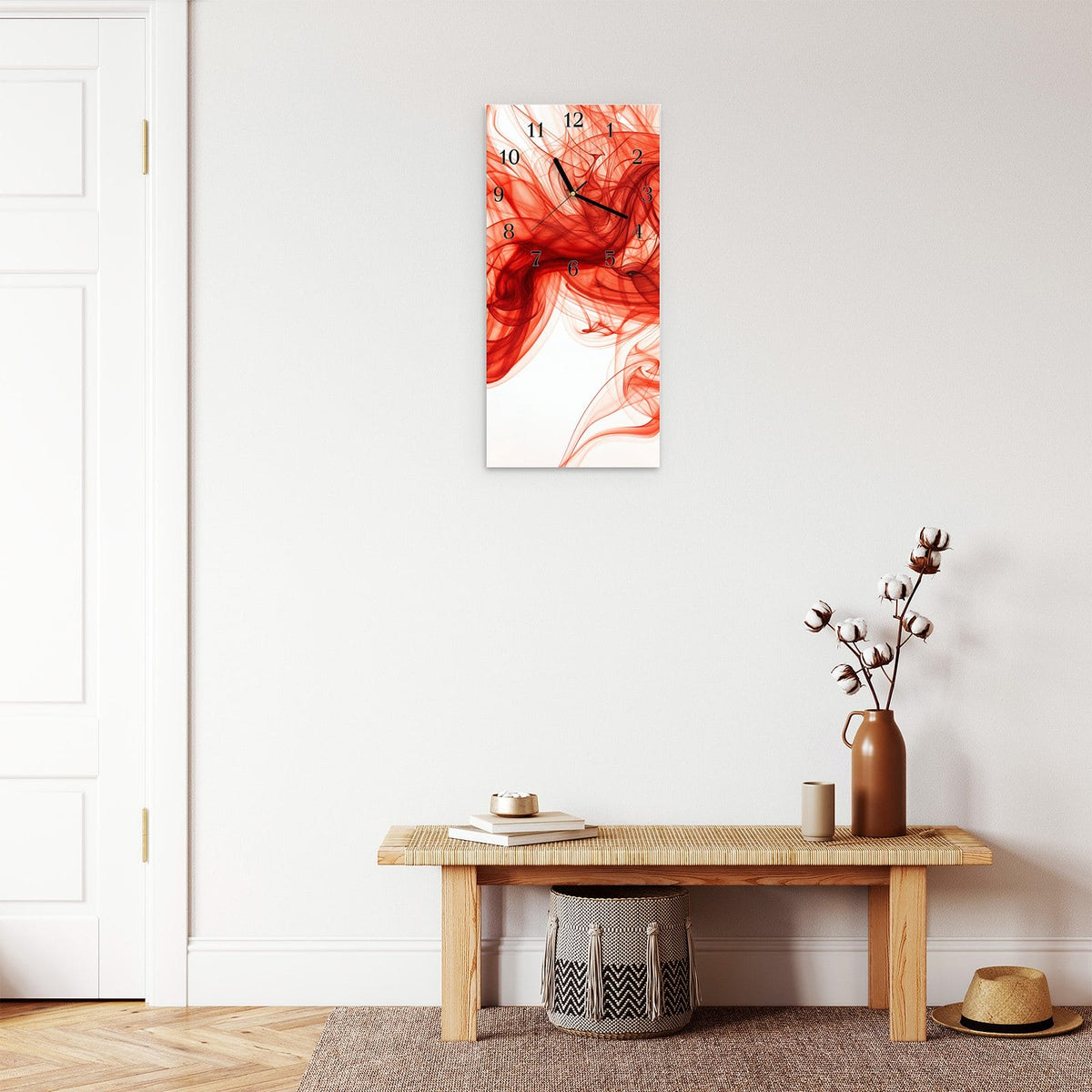 Moderne Wanduhr aus Glas mit Farbtiefe – Wanduhr Abstrakter Rauch aus Glas – Hochformat 30 × 60 cm