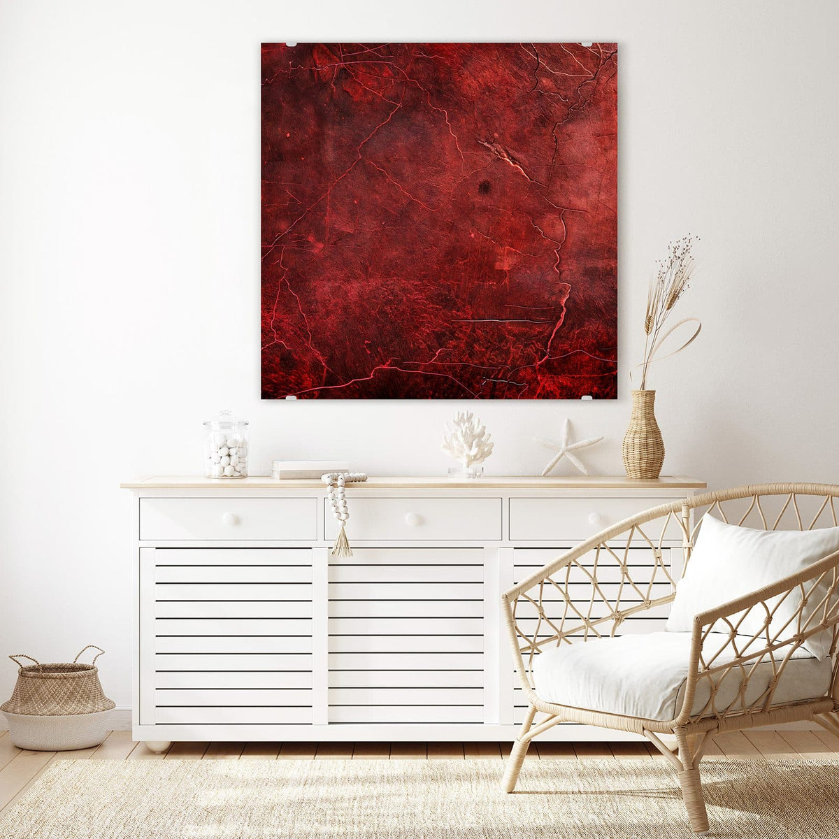 Echtglas, 4 mm – kein Acryl, keine Folie – Wandbild - Rissiges Rot - Quadratisch