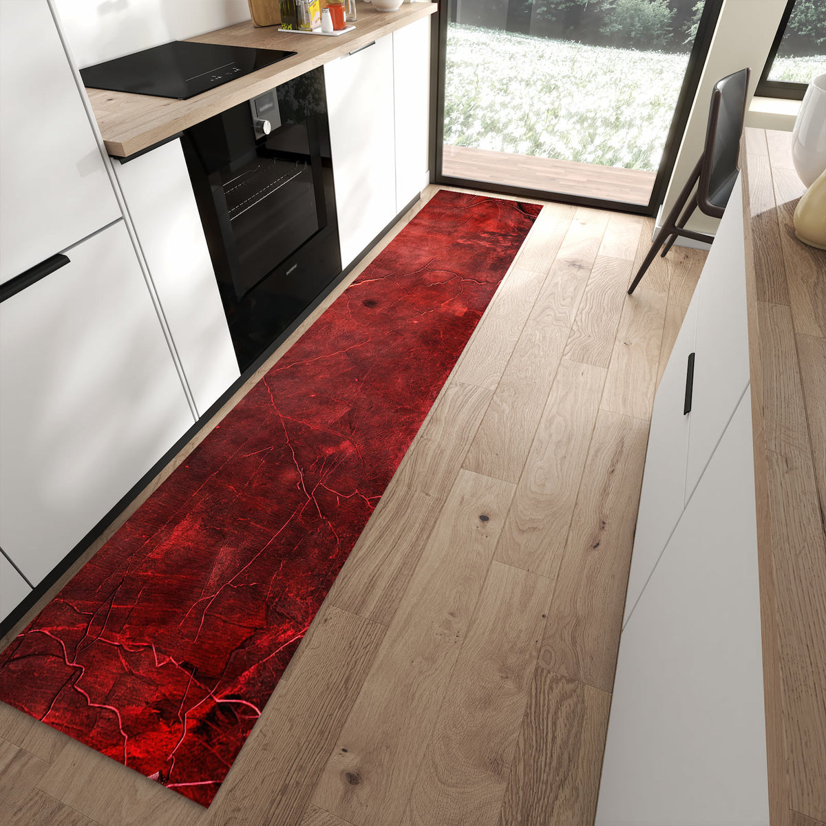 Flacher Küchenteppich mit Motiv Rote Struktur in moderner Küche
