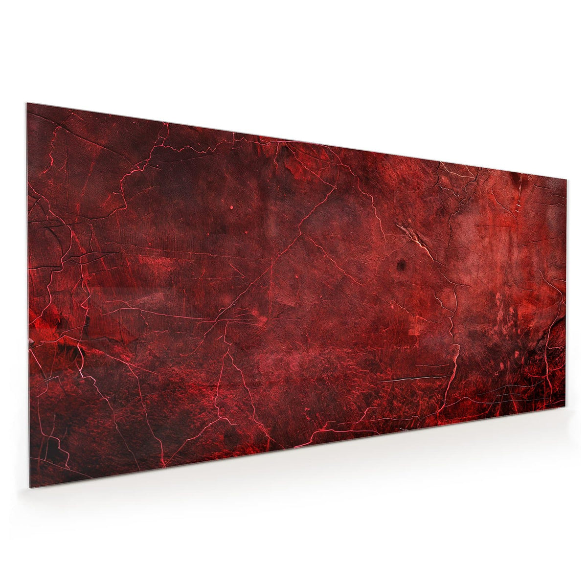 Küchenrückwand aus Glas im Hochformat mit Motiv Rissiges Rot: Tiefrote, raue Fläche mit feinem Netz heller Risslinien