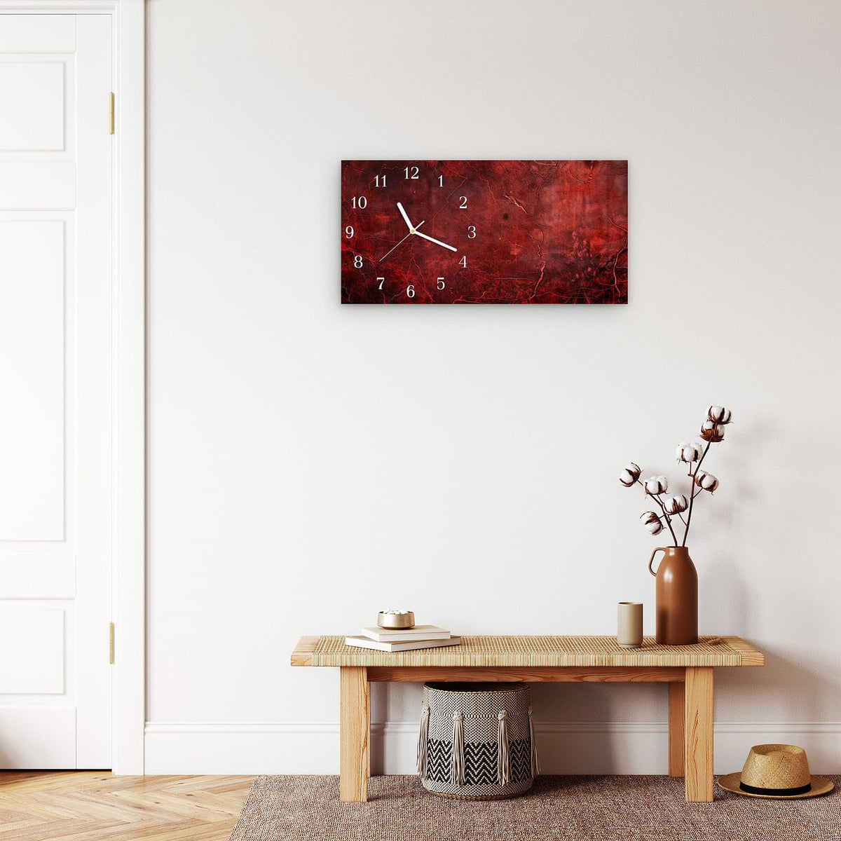 Moderne Wanduhr aus Glas mit Farbtiefe – Wanduhr Rote Struktur aus Glas – Querformat 60 × 30 cm