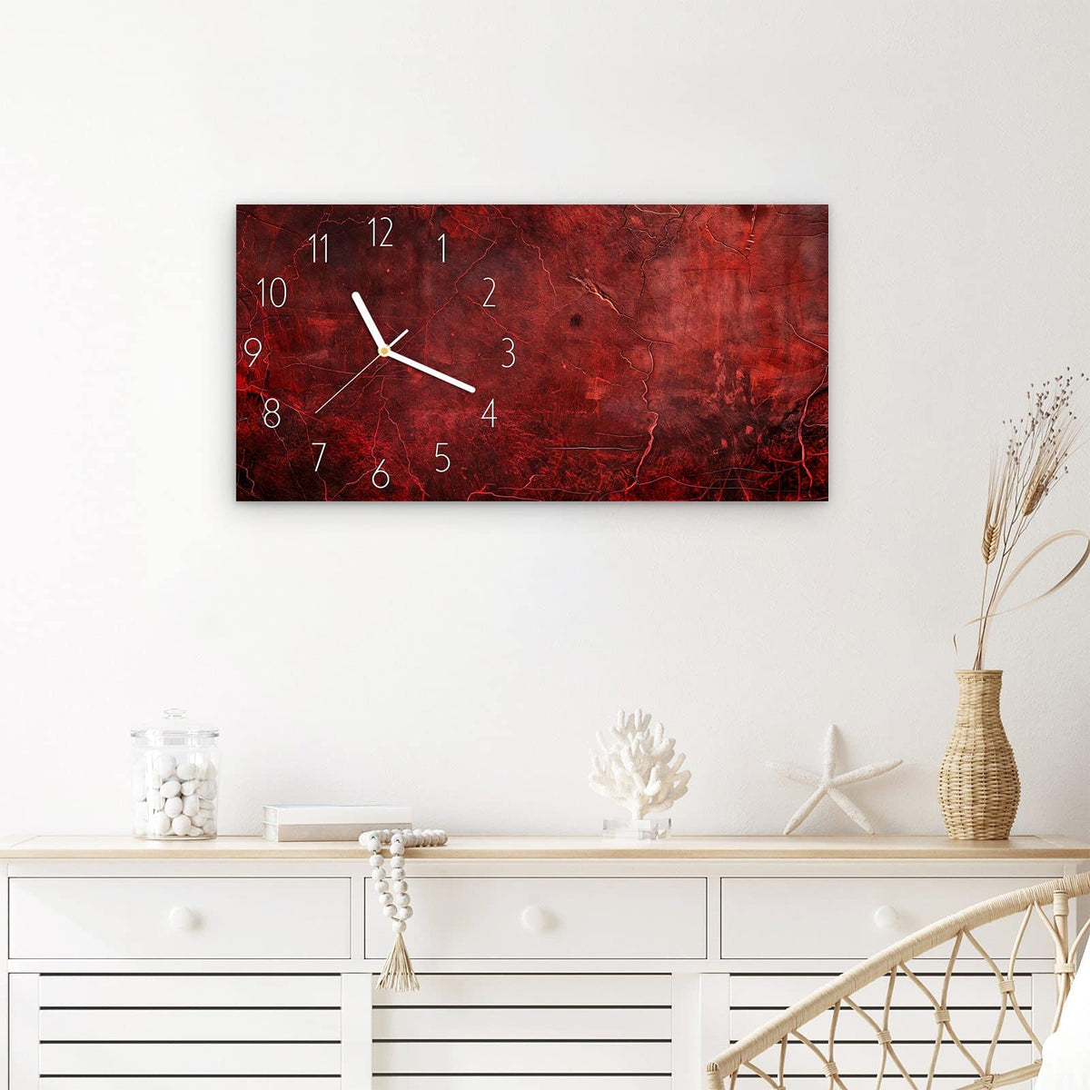 Wanduhr Rote Struktur aus Glas – Querformat 60 × 30 cm – Rissige Textur in Rottönen