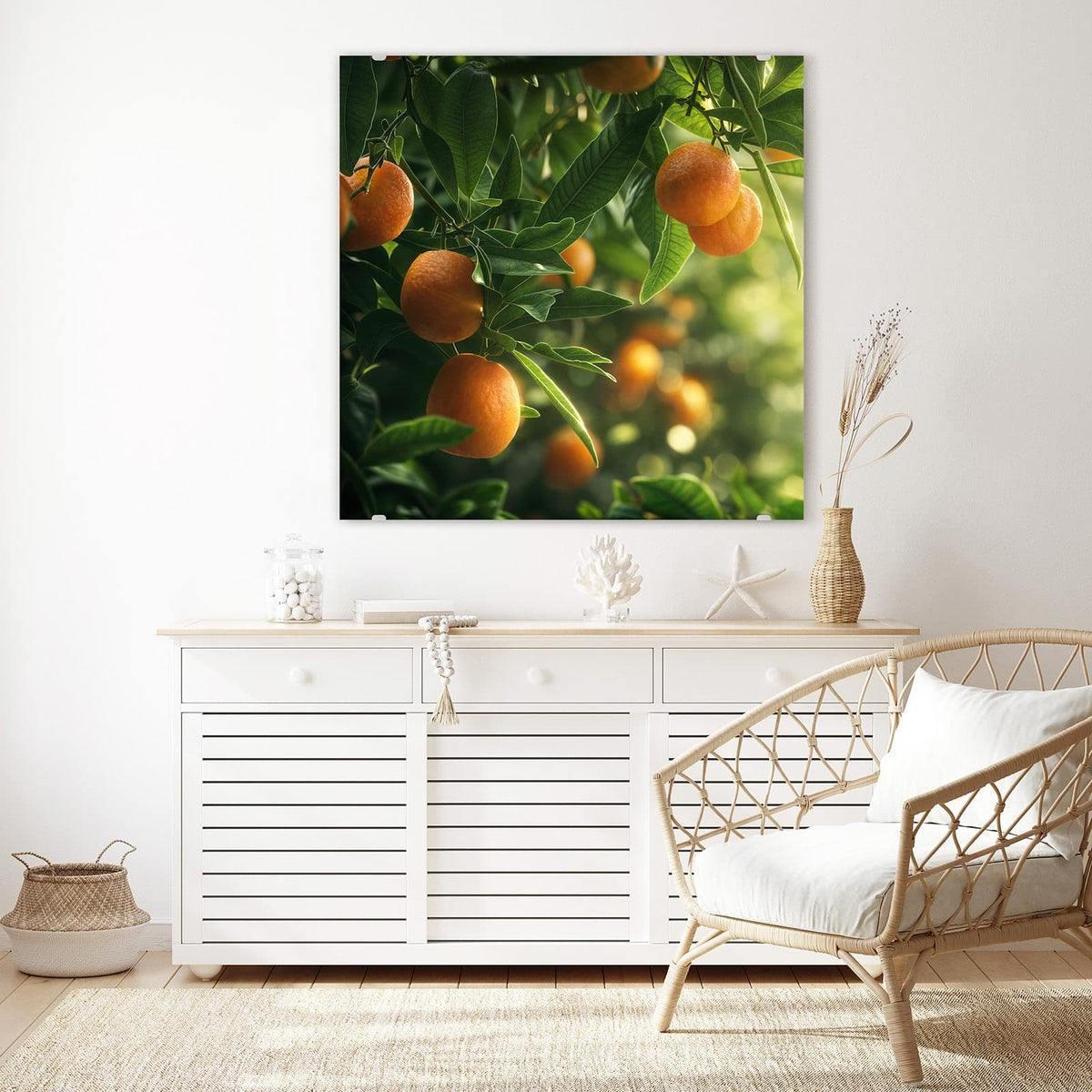 Echtglas, 4 mm – kein Acryl, keine Folie – Wandbild - Reife Orangen am Zweig - Quadratisch