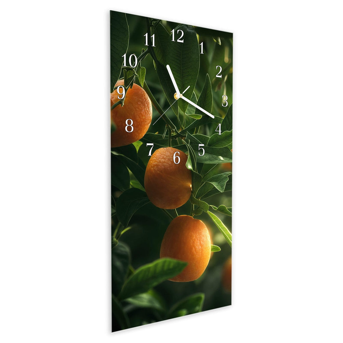 Vormontiert – mit Schwebeeffekt – Wanduhr Orangenbaum Closeup aus Glas – Hochformat 30 × 60 cm